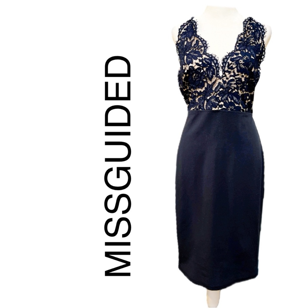 MISSGUIDED DRESS NAVY SIZE:14. BUST:15.5” WAIST:15”